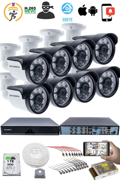 8'li Kamera Seti - 5MP Sony SecuLensli 1080P, 6 Atom LED, Full HD AHD Güvenlik Kamerası Seti, Gece Görüşlü, IP66 Plastik Kasa - Resim 2