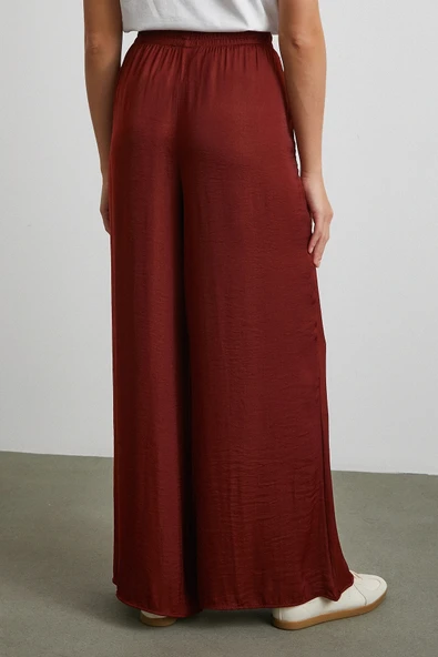 Beli Lastikli Dökümlü Geniş Paça Pantolon Kahve - Resim 6