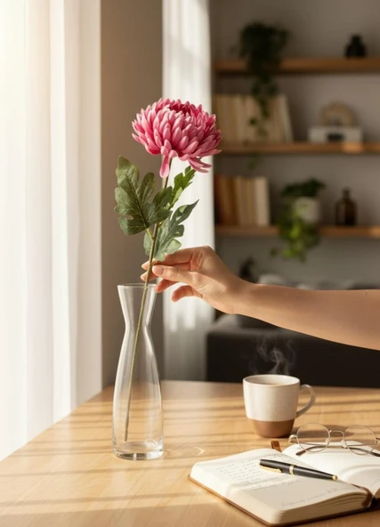 Yapay Çiçek Krizantem Fuşya 90cm Tek Dal Kumaş Çiçek Uzun Dal - Resim 6