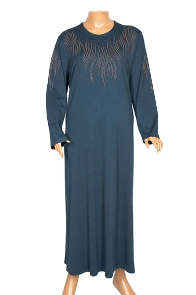 Hesna Kadın Elvan Kışlık Büyük Beden Boydan Baskılı Petrol Elbise - Resim 3