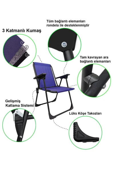 Exent 45x60 Katlanır Masa + 2 Adet Kamp Sandalyesi, Çift dikişli 120 kg kapasiteli-KIR-LAC-BEY - 6