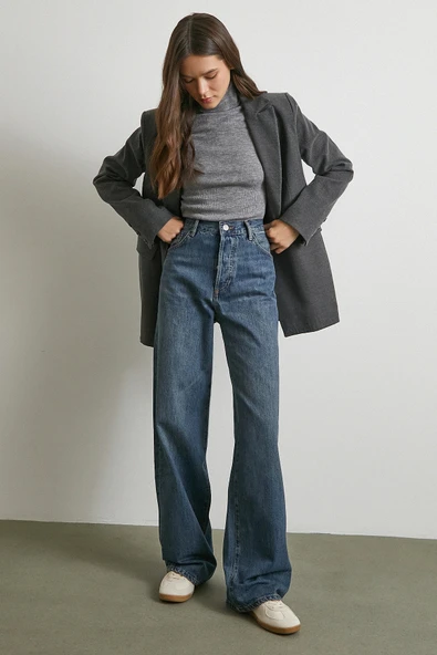 Yüksek Bel Beş Cepli Regular Fit Jean Lacivert - Resim 4