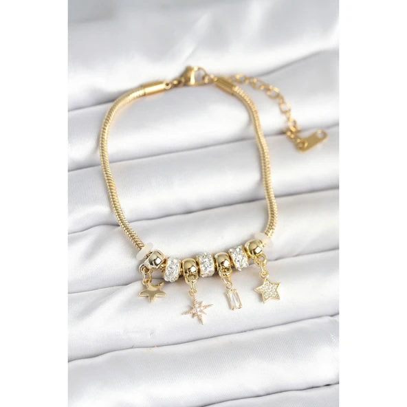 Pirinç Gold Renk Kutup Yıldızı Charmlı Kadın Bileklik Vice-5353
