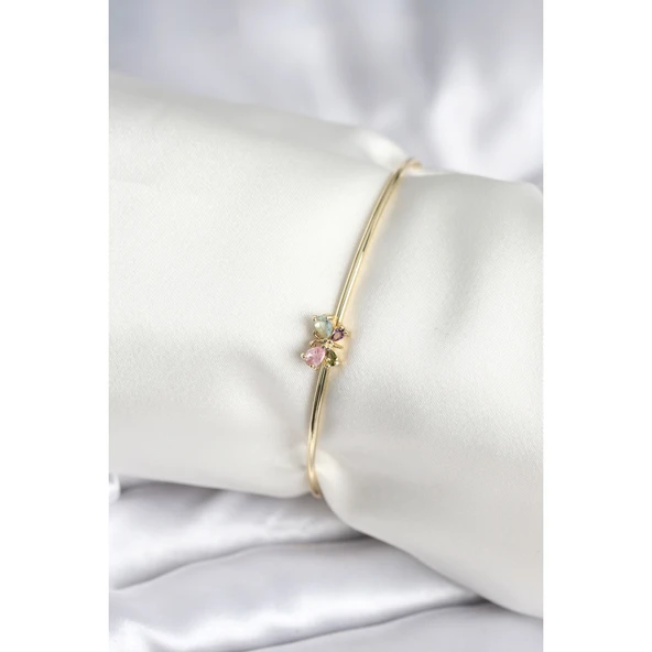 Renkli Kelebek Figür Gold Renk Pirinç Kadın Bileklik Vice-5353