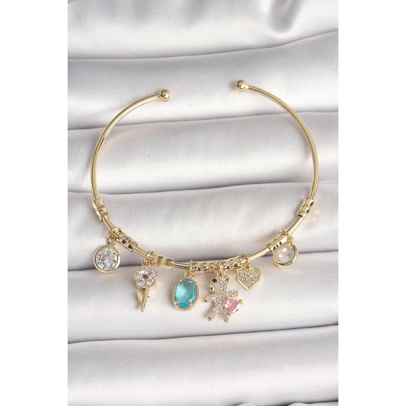 Pirinç Gold Renk Sallantı Zirkon Taşlı AYıcık Figür Kalp Detay Charm Kadın Bileklik Vice-5353