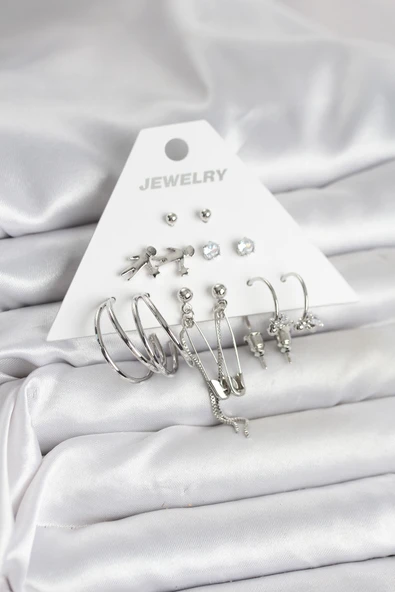 Pirinç Gümüş Renk 6'lı Kadın Küpe Seti - TJ-BKP11329 ürün görseli 1