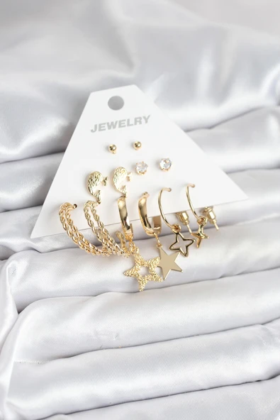 Gold Renk Yıldızlı Set 6 Çift Kadın Küpe Seti - TJ-BKP11320 ürün görseli 1