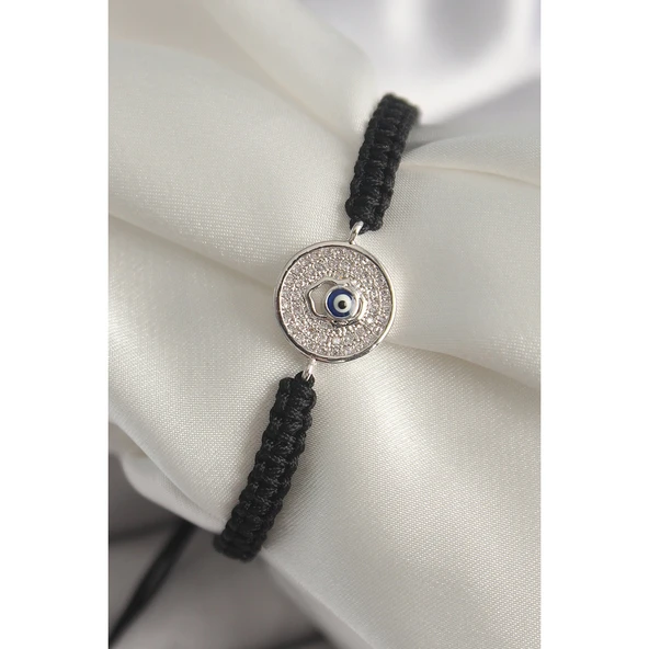 Pirinç Gümüş Renk Zirkon Taşlı Nazar Boncuk İşleme Makrome Asansörlü Model Kadın Bileklik Vice-5353