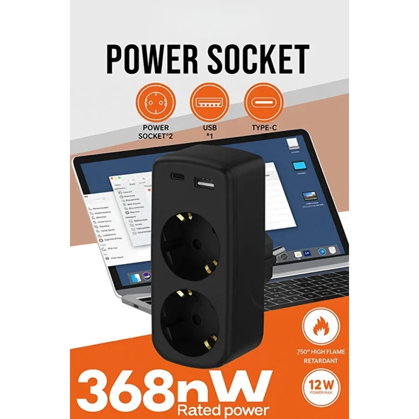 Çoklu Priz Yüksek Gerilim Korumalı 2’li Priz 1xusb 1xtype-c Çıkışlı Grup Priz Çoğaltıcı - 2