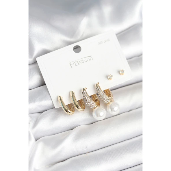 Pirinç Gold Renk Zirkon Taşlı İnci Detaylı 925 Ayar Gümüş Çivili Kadın Küpe Seti