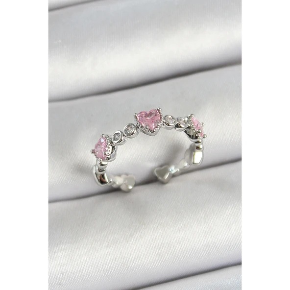 Pirinç Sıralı Kalp Figürlü Zirkon Taşlı Gümüş Renk Ayarlanabilir Kadın Yüzük