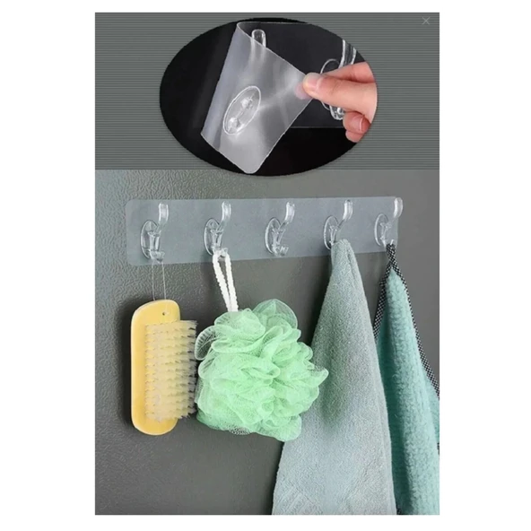 2 Adet Kendinden Yapışkanlı Güçlü Şeffaf 5li Askılık - Kapı Arkası Mutfak Duvar Banyo - 2