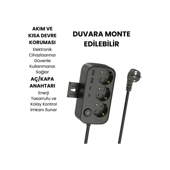 Akım Korumalı Priz 2 Usb + 2 Type-c Girişli 2 Metre Kablosu Anahtarlı Ve Duvara Monte Edilebilir - 7