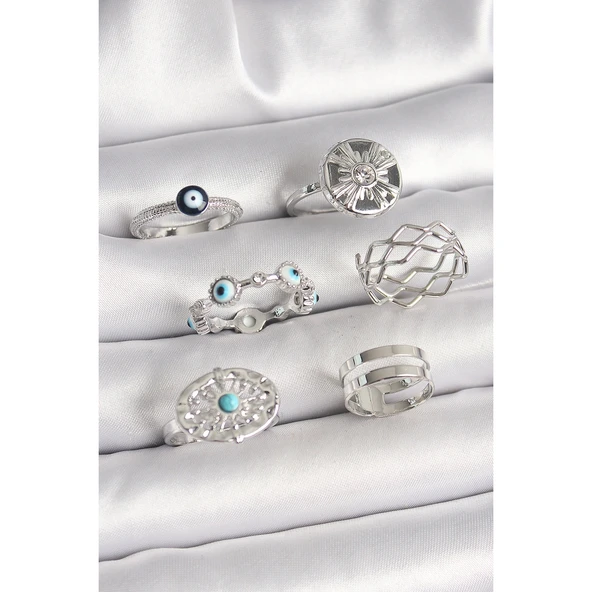 Pirinç Gümüş Renk Nazar Boncuk Zirkon Taş Detaylı Dalga Figür Kadın Yüzük Kombini