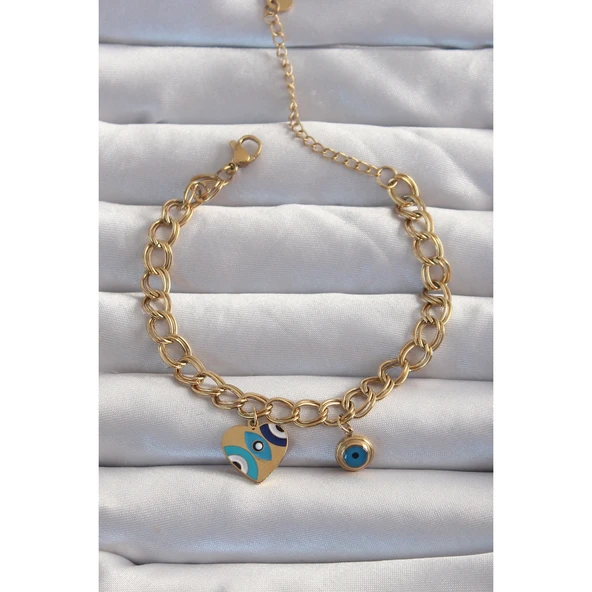 Gold Renk 316 L Çelik  Nazarlı Kalp Model Zincir Bileklik