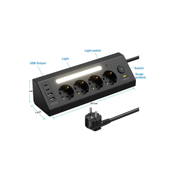 Lp764 Çoklu Gece Lambalı Priz Yüksek Gerilim Korumalı 4’lü Priz 2xusb 2xtype-c Çıkışlı Grup Priz Çoğaltıcı - 4