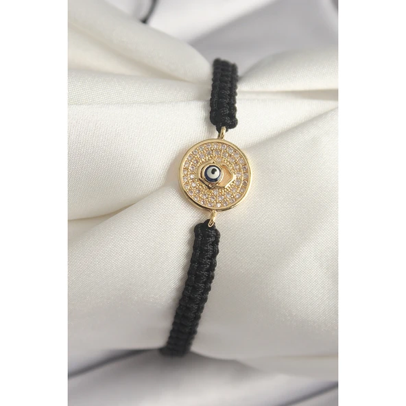 Pirinç Gold Renk Zirkon Taşlı Nazar Boncuk İşleme Makrome Asansörlü Model Kadın Bileklik Vice-5353