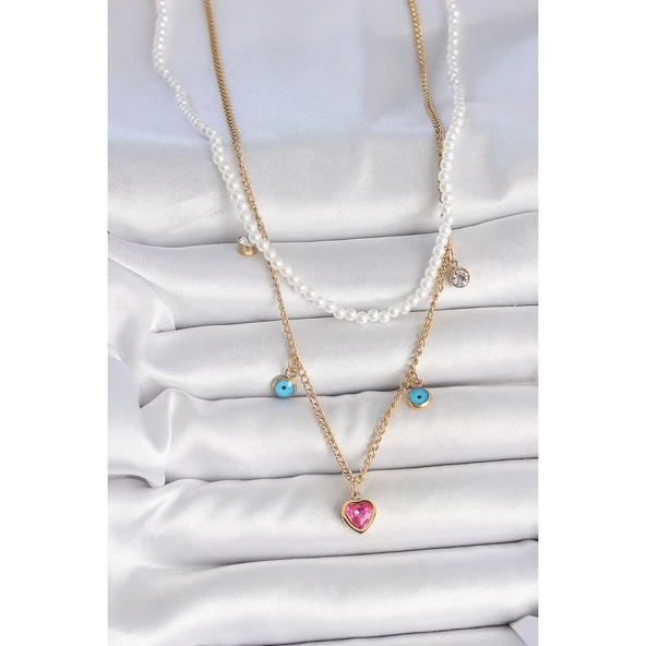 Gold Renk 316 L Çelik  2'Li İnci Zincir Model Pembe Taşlı Kalp Figür Nazar Boncuk Detay Kadın Kolye Vice-5353 - 2