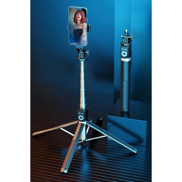 BUFFER® Fotoğraf Makinası ve Telefon Takılabilen 2si 1 Arada 2.2m Uzayan Selfie Çubuğu Kumandalı Tripod - 8