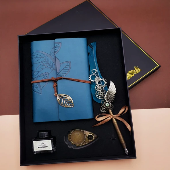 Kaligrafi Kalem Ve Vintage Tasarım Deri Defter Mavi ürün görseli