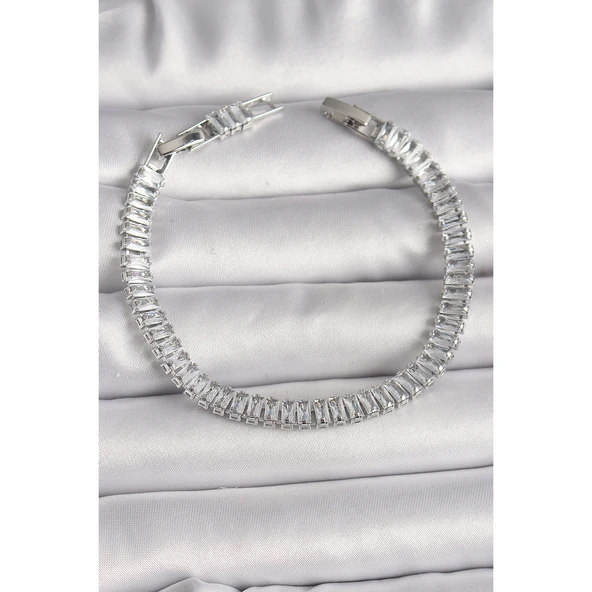 Pirinç Gümüş Renk Zirkon Taşlı Su Yolu Model Kadın Bileklik Vice-5353