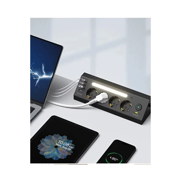 Lp764 Çoklu Gece Lambalı Priz Yüksek Gerilim Korumalı 4’lü Priz 2xusb 2xtype-c Çıkışlı Grup Priz Çoğaltıcı - 6