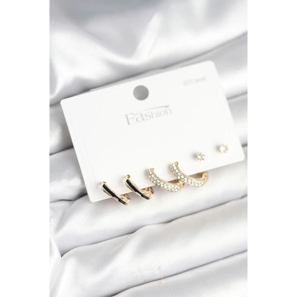 Gold Renk Pirinç Zirkon Taşlı 925 Ayar Gümüş Çivili Kadın Küpe Seti