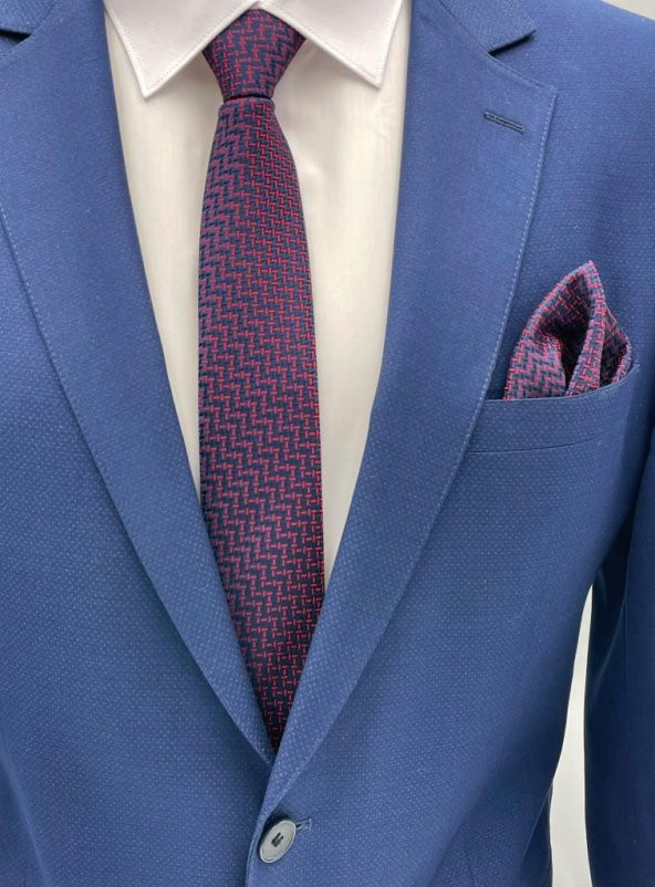 Brianze Kırmızı Lacivert  Desenli Kravat Mendil Set ürün görseli 1