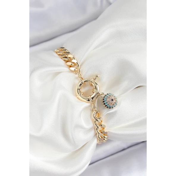 Pirinç Nazar Model Zirkon Taşlı Gold Renk VİP Seri Kadın Bileklik Vice-5353