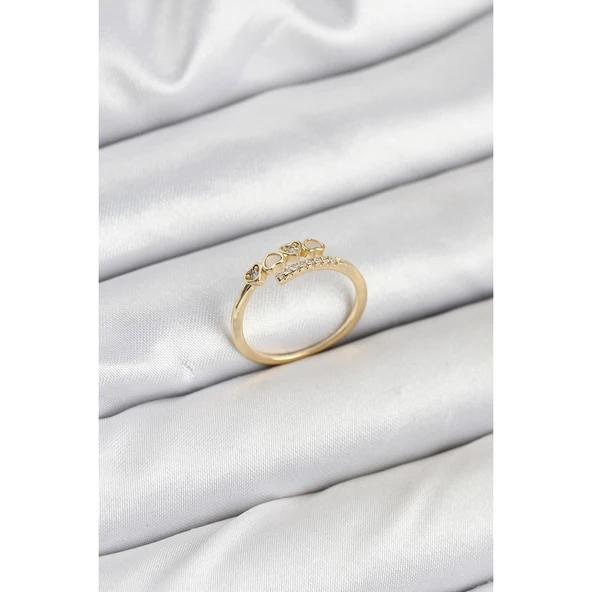 Pirinç Gold Renk Kalpli Detaylı Zirkon Taşlı Kadın Yüzük