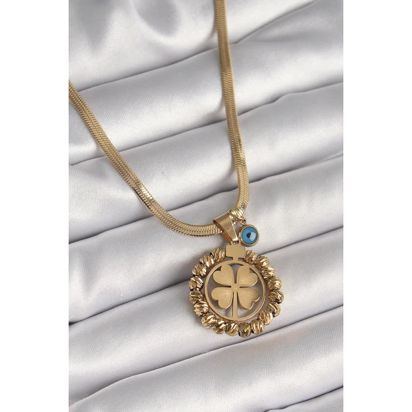 Gold Renk 316 L Çelik  İtalyan Zincir Dorika Yonca Model Nazar Boncuk Detay Kadın Kolye Vice-5353