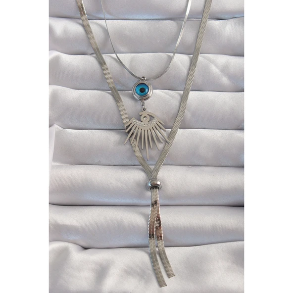 316L Çelik Gümüş Renk Zirkon Taşlı Göz Detay Nazarlı Uzun Asansör Model Kolye