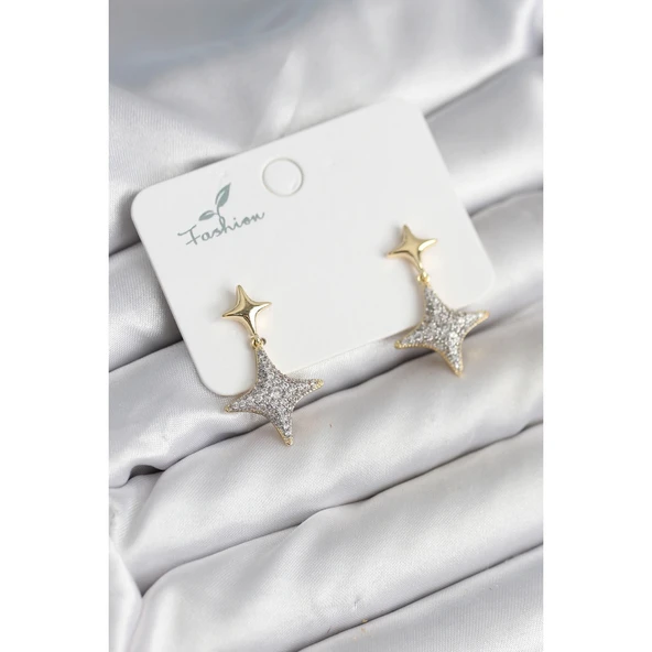 Kutup Yıldızı Pirinç Gold Renk Zirkon Taşlı Kadın Küpe