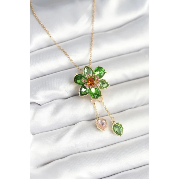 Gold Renk 316 L Çelik Zincir Çiçek Model Sallantılı Kadın Kolye Vice-5353