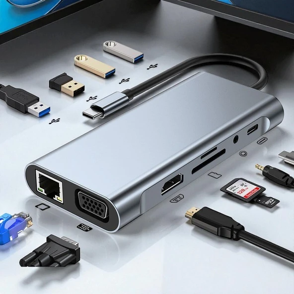 Technow Type-c To Hdmı Rj45 Type-c Sd Kart Usb 3.0 X 2 Vga Macbook 11in1 Çevirici Adaptör ürün görseli 1