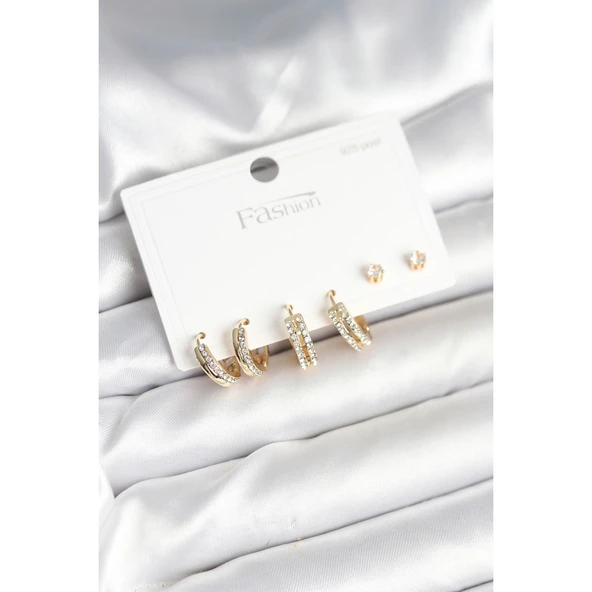 Pirinç Gold Renk Zirkon Taşlı 925 Gümüş Çivili Kadın Küpe Seti