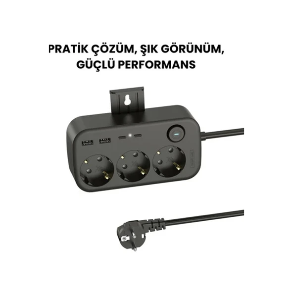 Akım Korumalı Priz 2 Usb + 2 Type-c Girişli 2 Metre Kablosu Anahtarlı Ve Duvara Monte Edilebilir - 5