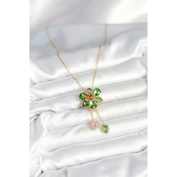 Gold Renk 316 L Çelik Zincir Çiçek Model Sallantılı Kadın Kolye Vice-5353 - 2