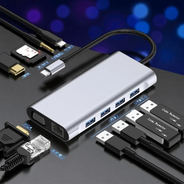Technow Type-c To Hdmı Rj45 Type-c Sd Kart Usb 3.0 X 2 Vga Macbook 11in1 Çevirici Adaptör - Resim 2