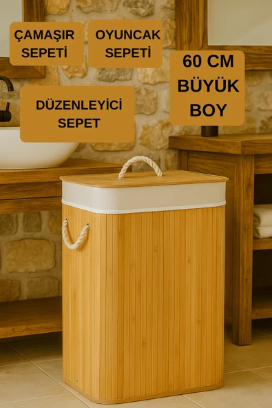 Dikdörtgen Katlanabilir Bambu Kirli Çamaşır Sepeti Oyuncak Düzenleyici Organizer 60 Cm - Resim 2