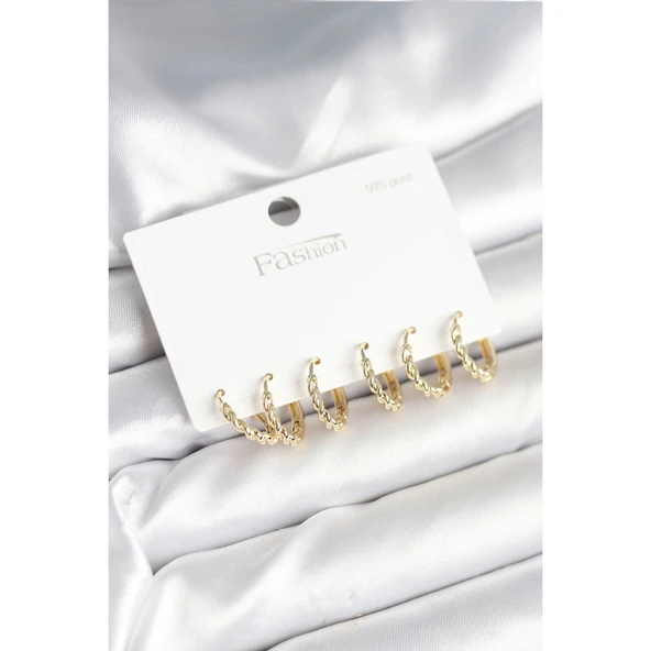 Gold Renk Burgu Halka Model 925 Ayar Gümüş Çivili Pirinç Küpe Seti