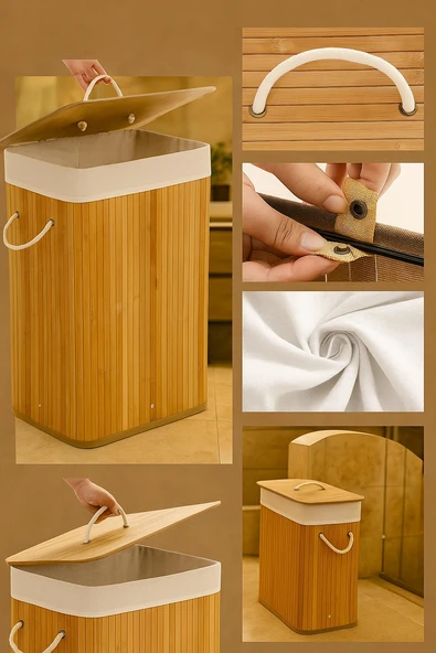 Dikdörtgen Katlanabilir Bambu Kirli Çamaşır Sepeti Oyuncak Düzenleyici Organizer 60 Cm - Resim 5