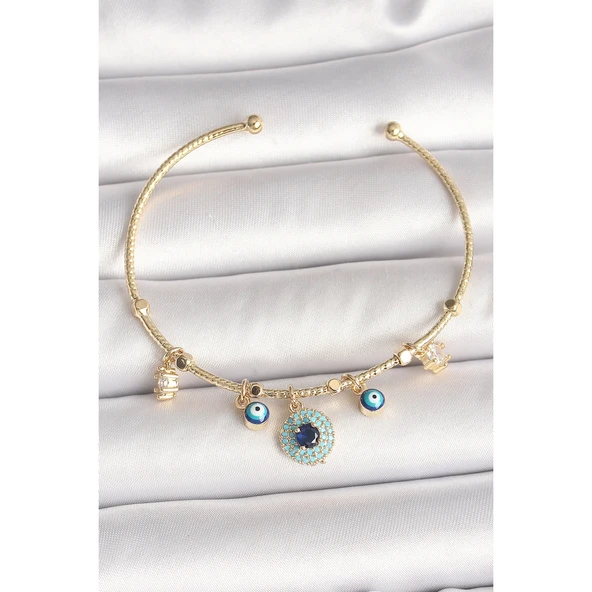 Pirinç Gold Renk Zirkon Taşlı Nazar Boncuk Detay Charm Kadın Bileklik Vice-5353