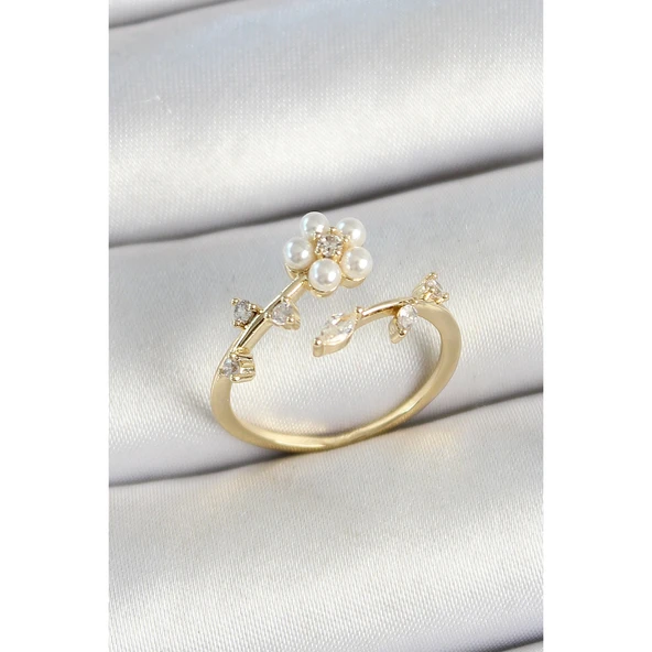 Pirinç İnci Detaylı Papatya Figürlü Zirkon Taşlı Gold Renk Ayarlanabilir Kadın Yüzük