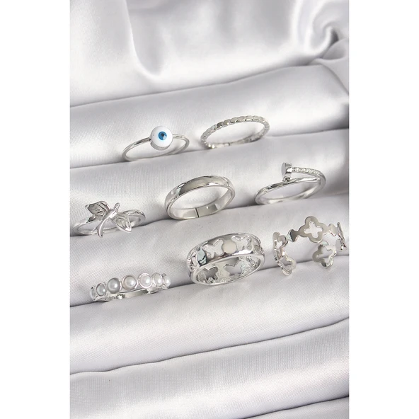 Pirinç Gümüş Renk Nazar Boncuk Detay İncili Kelebek İşlemeli Kadın Yüzük Kombini