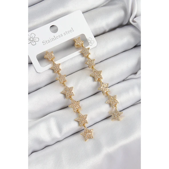 Pirinç Zirkon Taşlı Sallantılı Yıldız Model Gold Renk Kadın Küpe