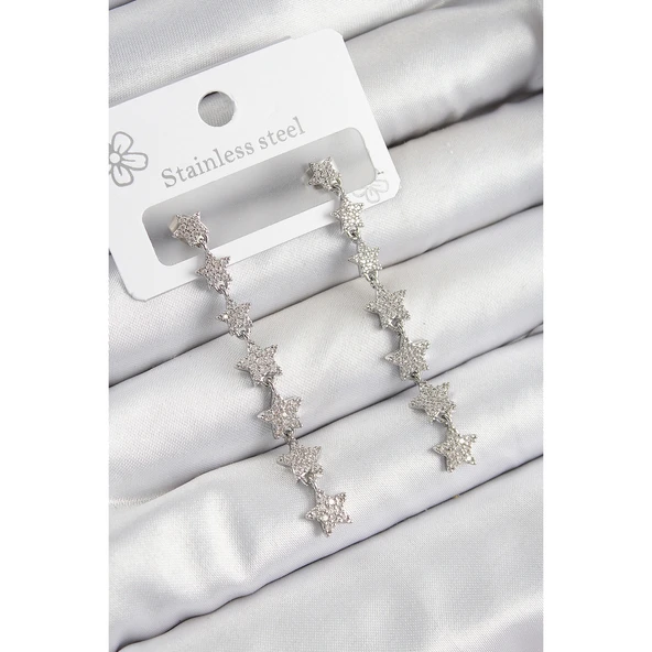 Pirinç Zirkon Taşlı Sallantılı Yıldız Model Gümüş Renk Kadın Küpe