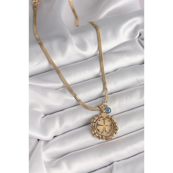 Gold Renk 316 L Çelik  İtalyan Zincir Dorika Yonca Model Nazar Boncuk Detay Kadın Kolye Vice-5353 - 2