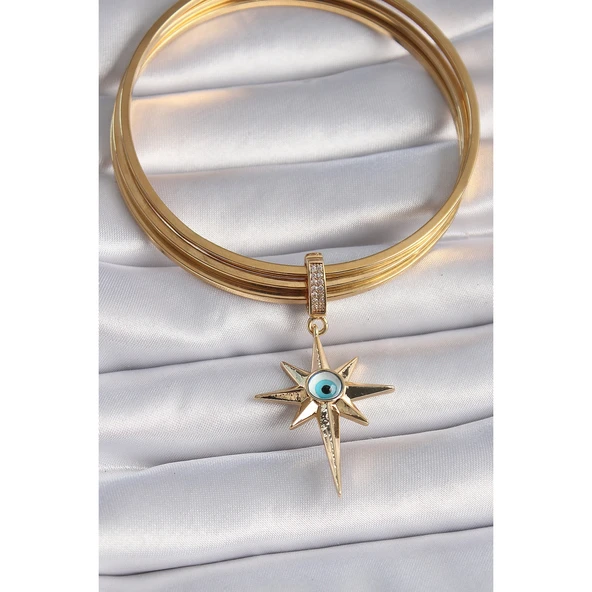 Pirinç Gold Renk Zirkon Taşlı Kutup Yıldızı Nazar Boncuk Detay Ajda Charm - 2