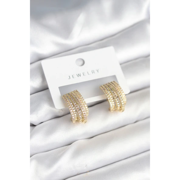 Zirkon Taşlı Şerit Model Gold Renk Pirinç Kadın Küpe